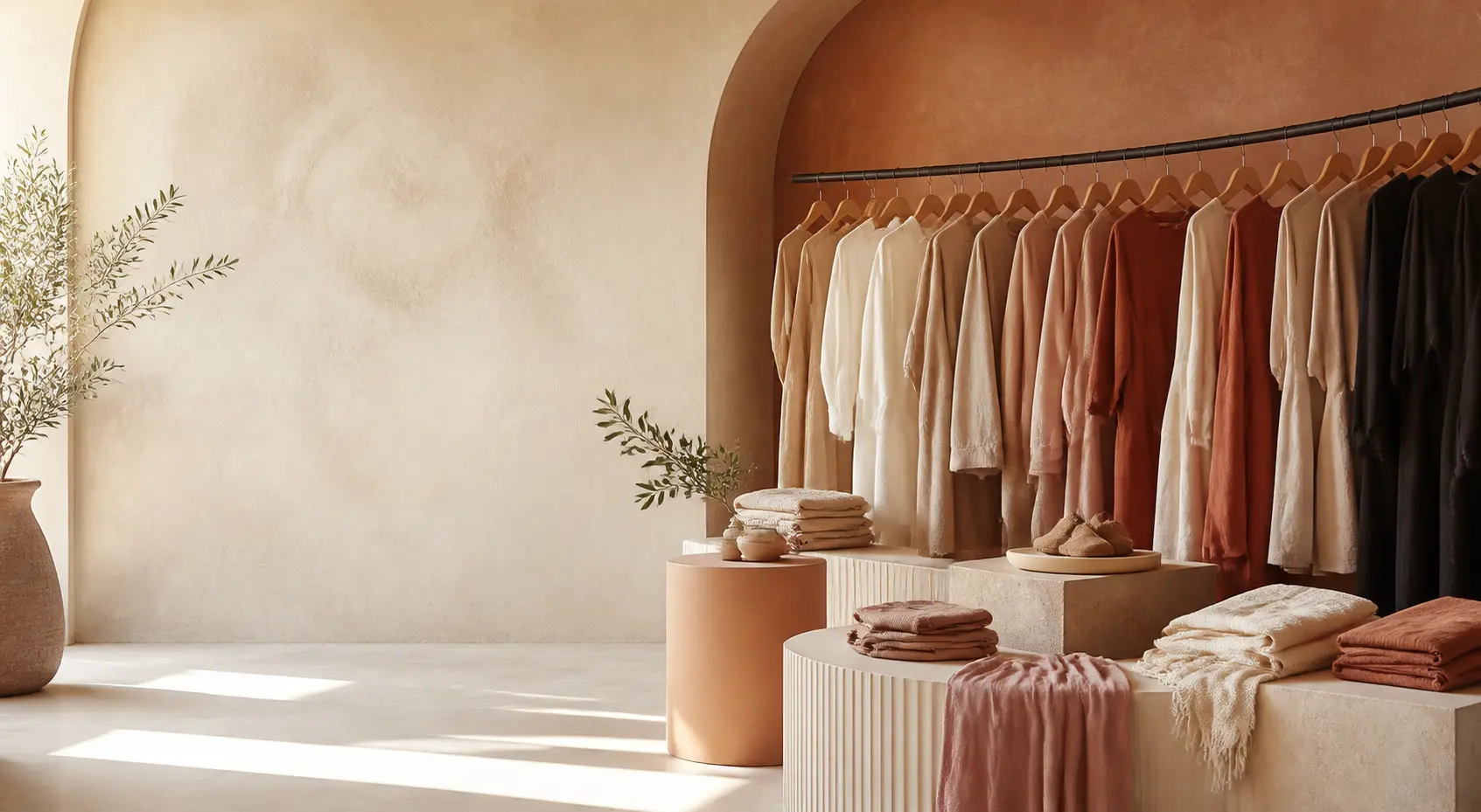Boutique elegante com seleção de roupas em tons neutros