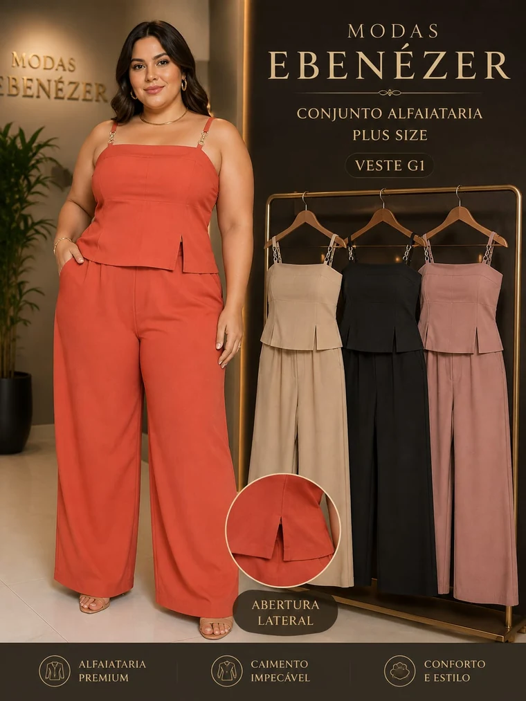 Conjunto plus size coral tamanho G1 da Modas Ebenézer