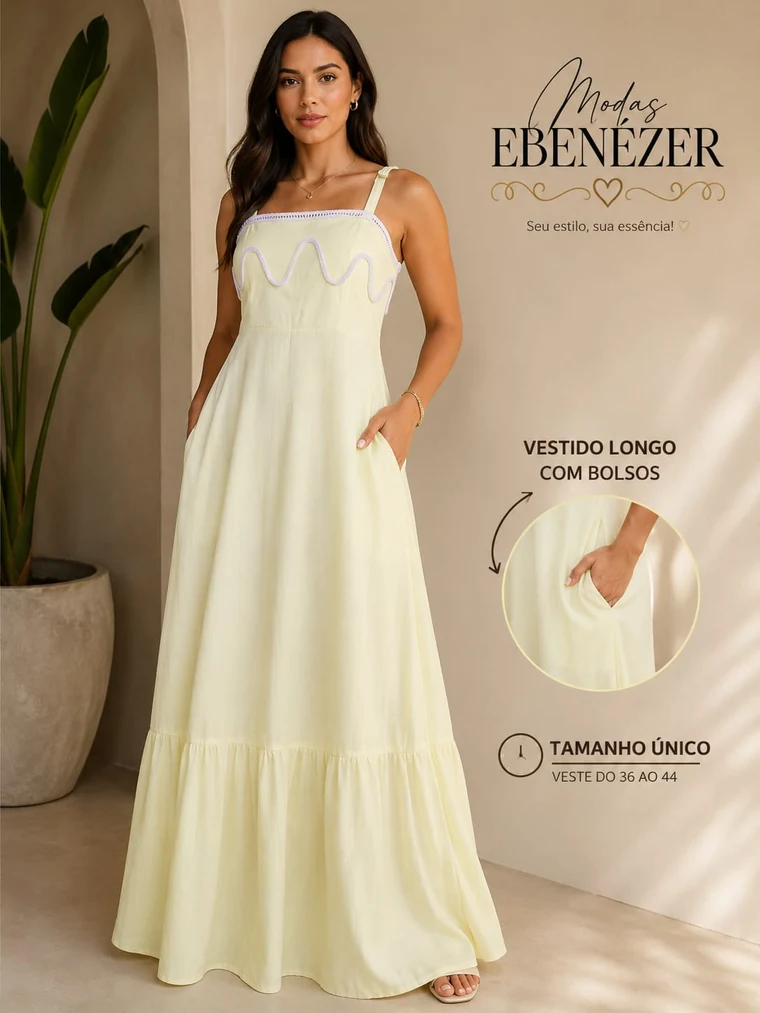 Vestido longo off-white feminino da Modas Ebenézer