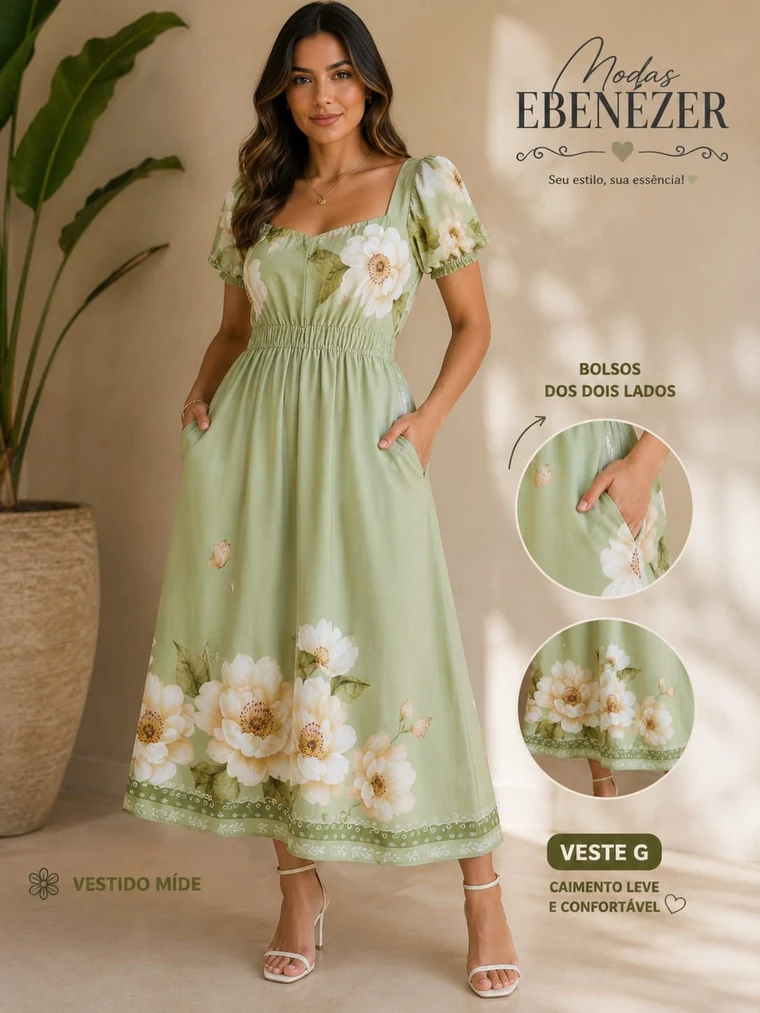 Vestido midi verde feminino da Modas Ebenézer